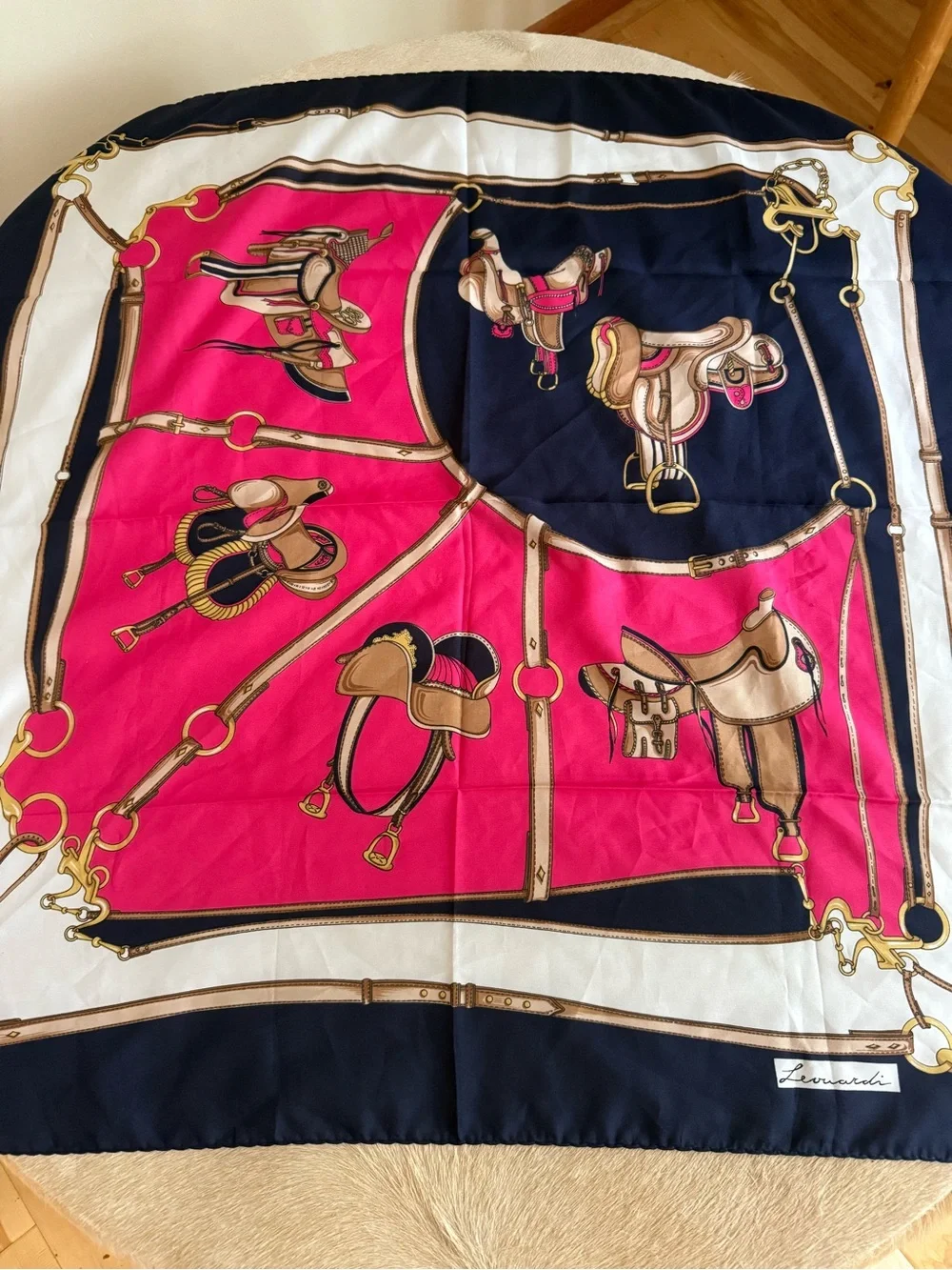 Signed vintage Leonardi Equestrian Pink & Navy Silk Scarf